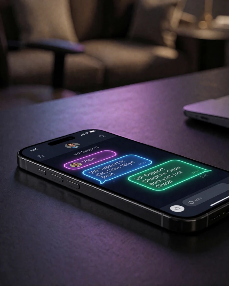 Smartphone mit neonfarbenem VIP-Support-Chat auf dunklem Schreibtisch im Rainbet Casino Stil
