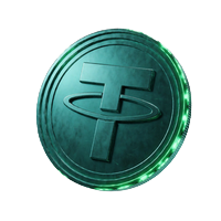 T&uuml;rkise Tether-M&uuml;nze mit gr&uuml;nem Neon-Rand f&uuml;r die USDT Auszahlung bei Rainbet