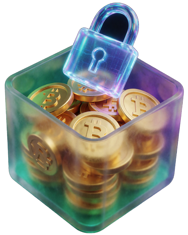 Glas-Geschenkbox mit leuchtenden Krypto-M&uuml;nzen und schwebendem Neon-Vorh&auml;ngeschloss als Symbol f&uuml;r Rainbet Bonusbedingungen