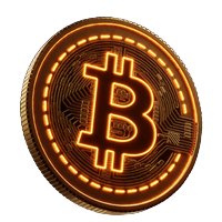 Bitcoin-M&uuml;nze mit orangefarbenem Neon-Glanz f&uuml;r BTC-Einzahlungen im Rainbet Casino