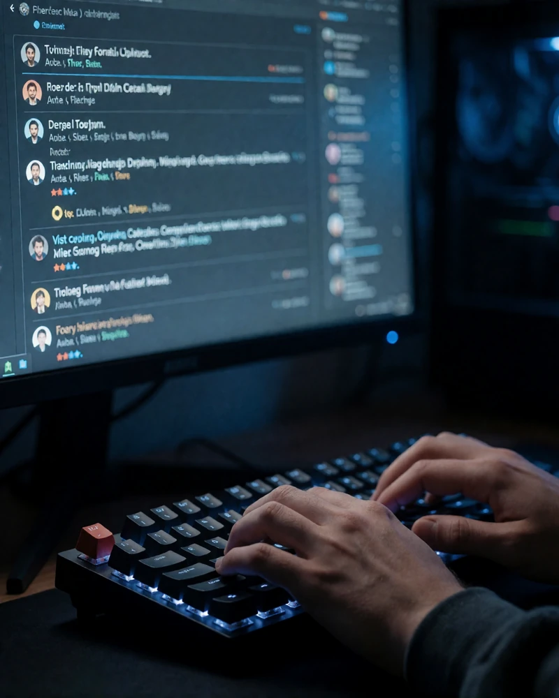 H&auml;nde auf beleuchteter mechanischer Tastatur vor einem dunklen Monitor mit Forumsthread zum Rainbet Rollover-Fall