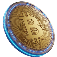 Goldene Bitcoin-M&uuml;nze mit blauem Neon-Rand f&uuml;r die BTC Auszahlung im Rainbet Casino