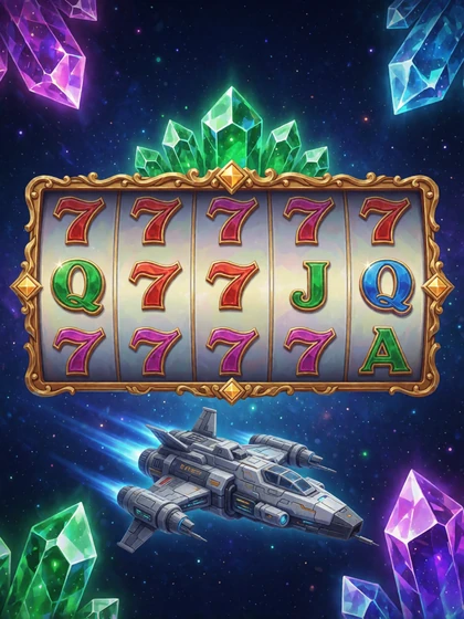 Weltraum-Slot-Cover mit Kristallen und Raumschiff aus dem Rainbet Spielekatalog