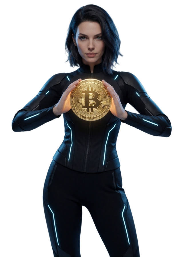 Frau in modernem Tech-Wear-Outfit h&auml;lt leuchtende Bitcoin-M&uuml;nze f&uuml;r die Krypto Auszahlung bei Rainbet